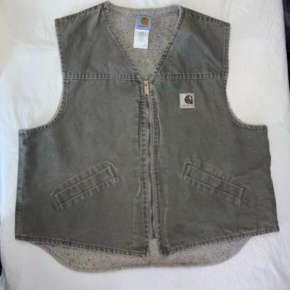 Carhartt Other - Vintage Carhartt Sherpa Lined Gray Green Canvas Vest V13 with Slit Pockets XL